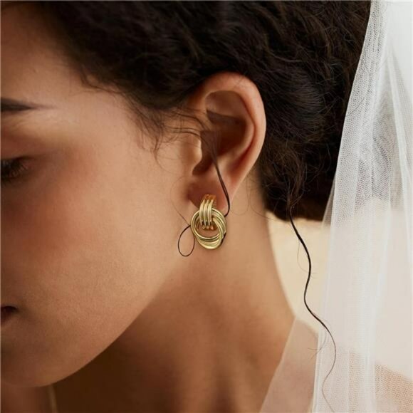 Gold Chunky Knot Statement Earrings Drop Dangle Lightweight Hypoallergenic - Picture 3 of 7